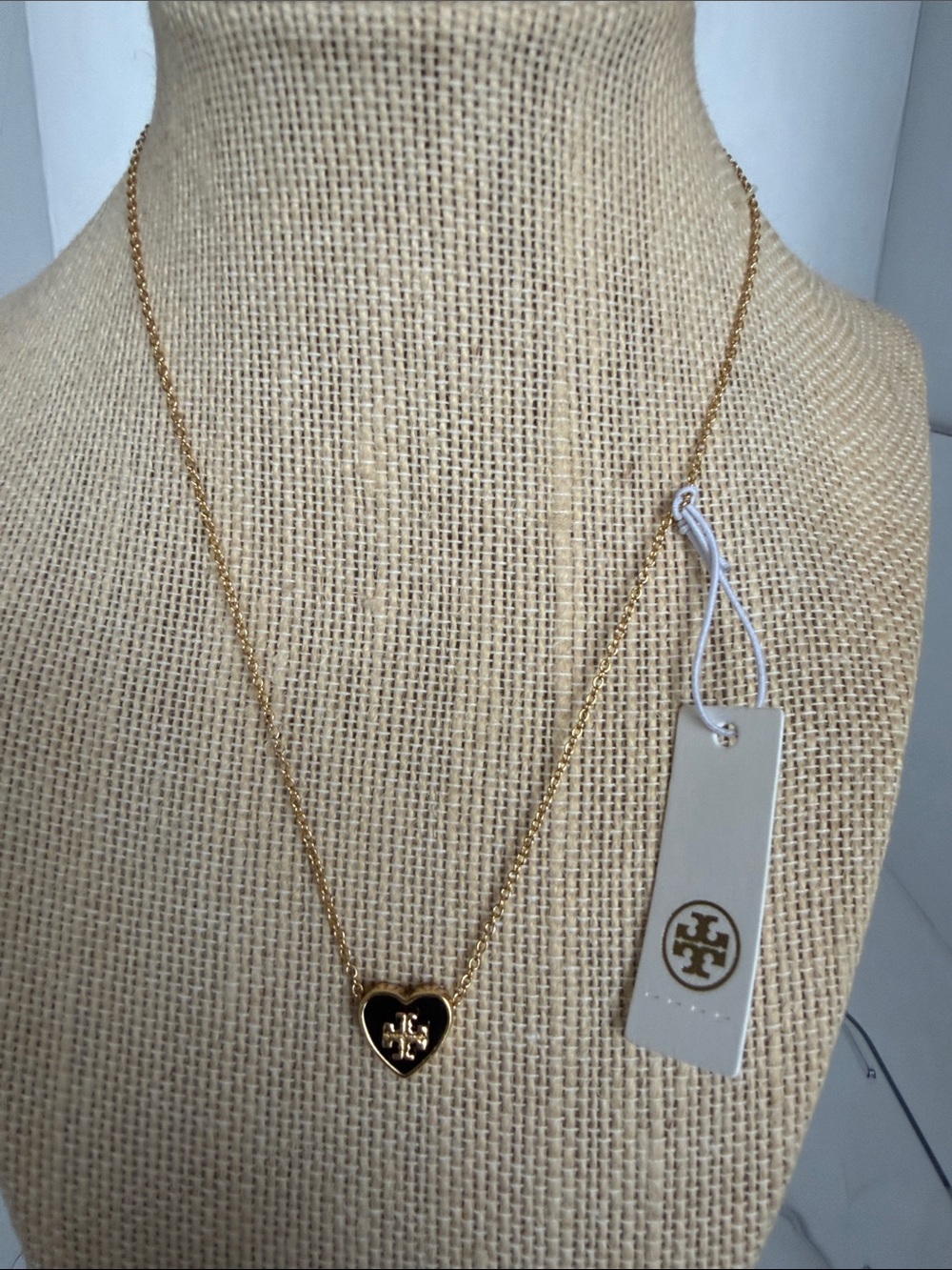 Tory Burch Gold and Black Enamel Heart Logo Necklace NWT